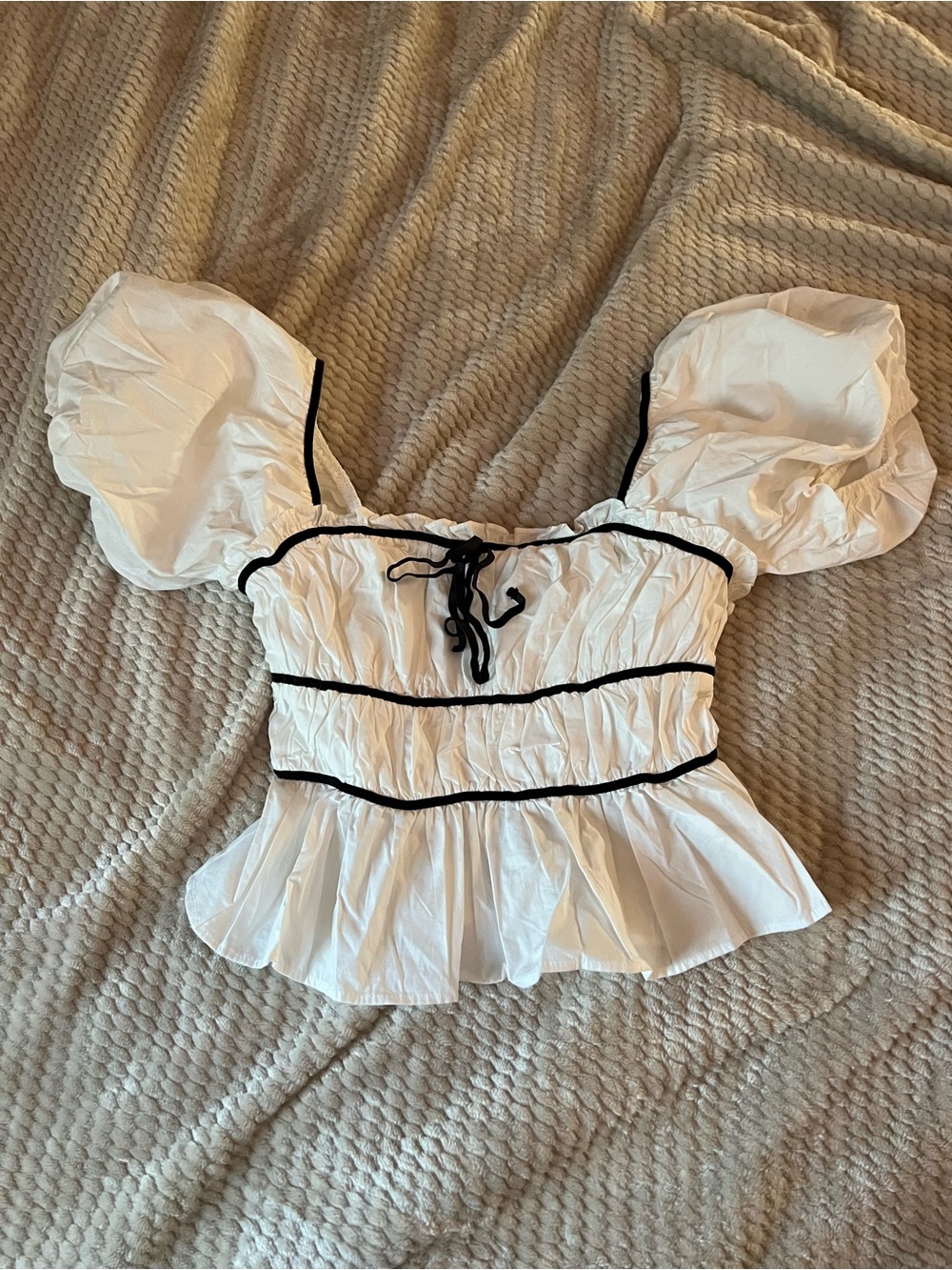 White Puff-Sleeve Peplum Crop Top with Black Trim